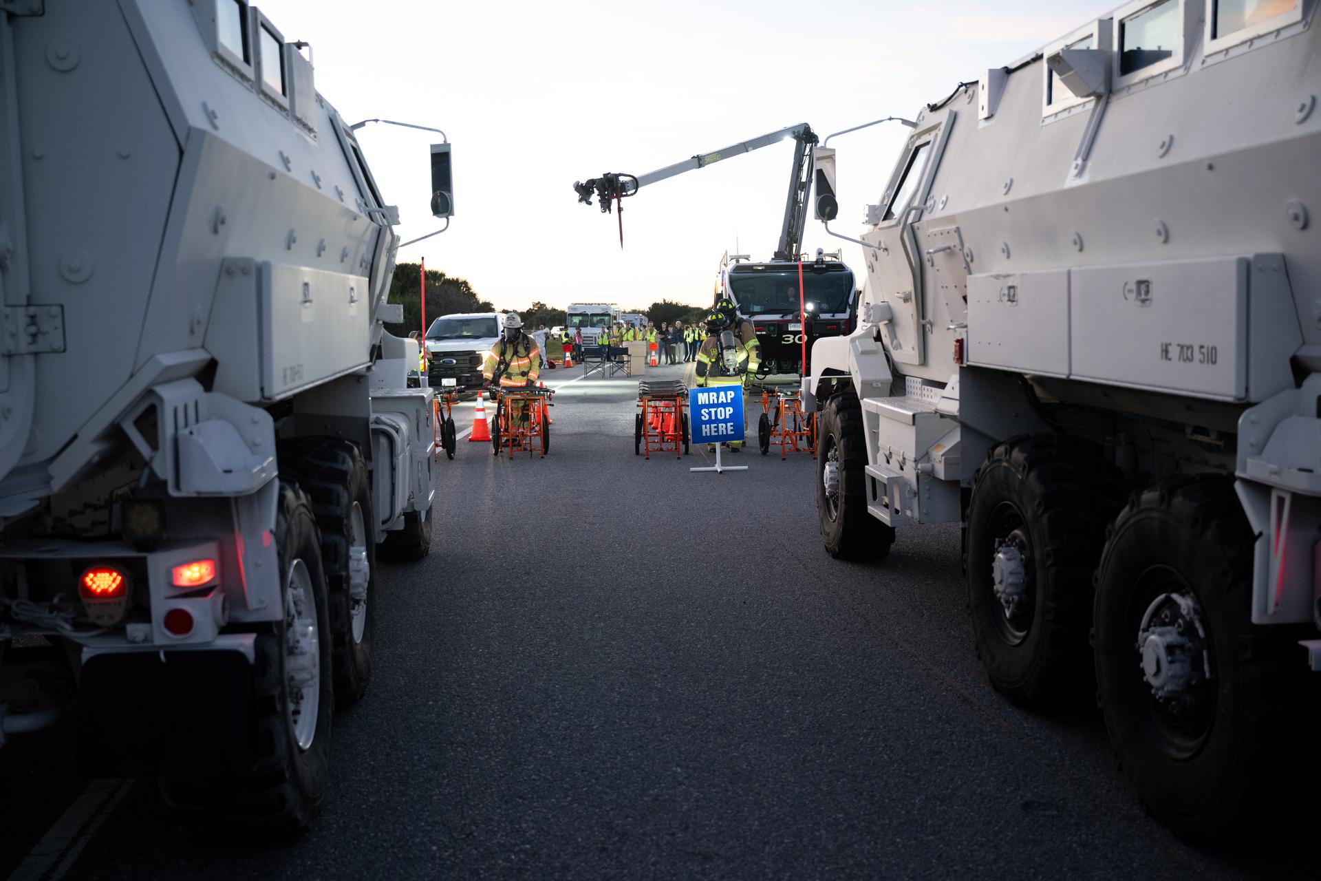 Teams at NASA's Kennedy Space Center in Florida practiced various emergency rescue training scenarios with the Artemis II crew, Friday, Dec. 19, 2025, ahead of the Artemis II mission. In the unlikely event of an emergency during launch countdown at Launch Complex 39B, personnel will be transported in mine-resistant ambush protected vehicles, or MRAPS, from the pad and to one of the triage site locations at Kennedy. Photo Credit: (NASA/Joel Kowsky)
