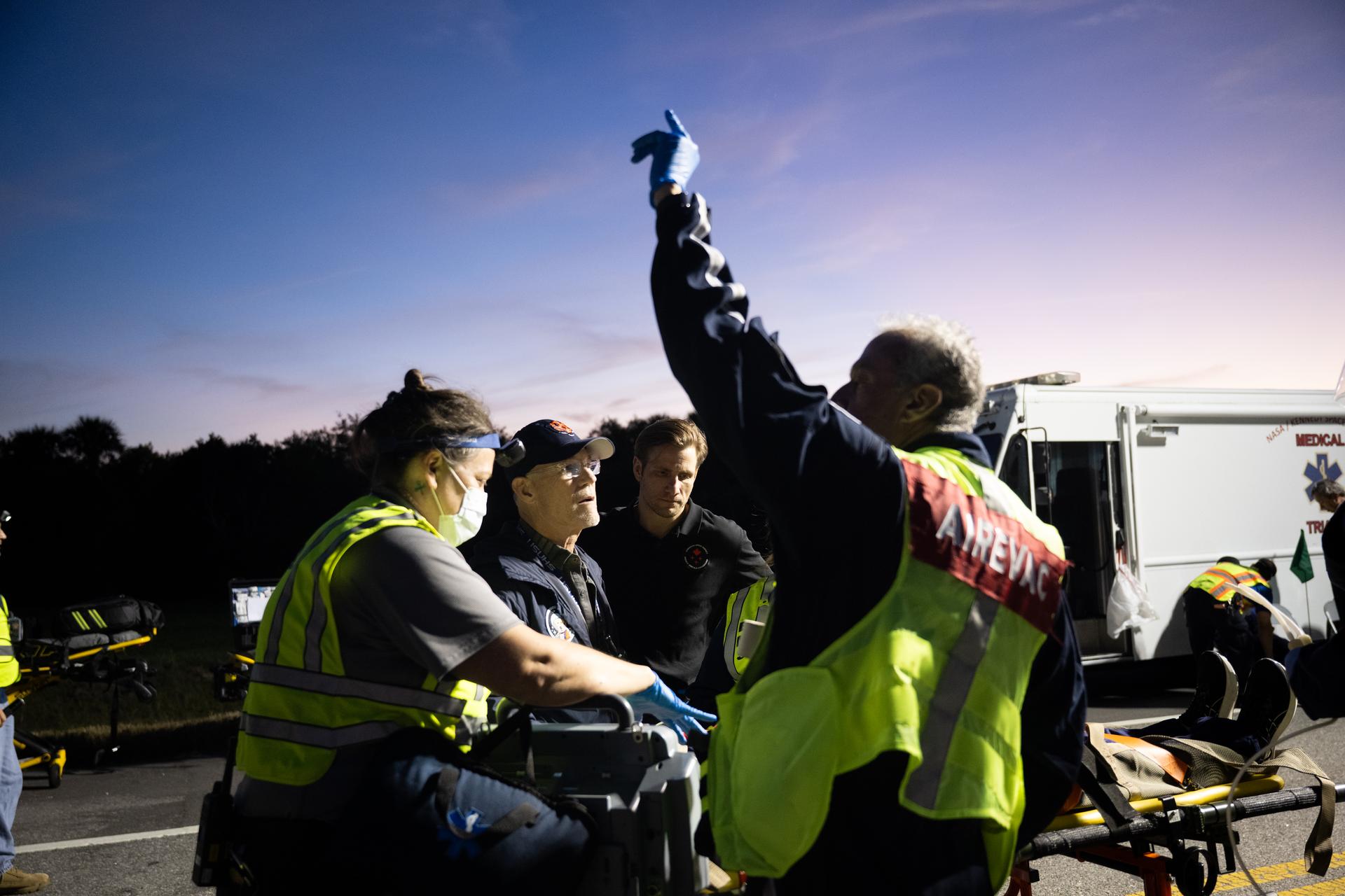 Teams at NASA's Kennedy Space Center in Florida practiced various emergency rescue training scenarios with the Artemis II crew, Friday, Dec. 19, 2025, ahead of the Artemis II mission. In the unlikely event of an emergency during launch countdown at Launch Complex 39B, personnel will be transported in mine-resistant ambush protected vehicles, or MRAPS, from the pad and to one of the triage site locations at Kennedy. Photo Credit: (NASA/Joel Kowsky)