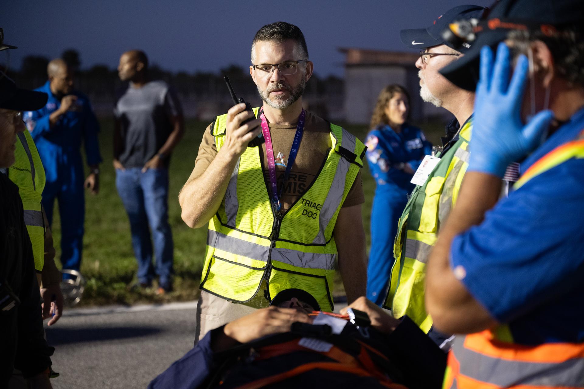 Teams at NASA's Kennedy Space Center in Florida practiced various emergency rescue training scenarios with the Artemis II crew, Friday, Dec. 19, 2025, ahead of the Artemis II mission. In the unlikely event of an emergency during launch countdown at Launch Complex 39B, personnel will be transported in mine-resistant ambush protected vehicles, or MRAPS, from the pad and to one of the triage site locations at Kennedy. Photo Credit: (NASA/Joel Kowsky)