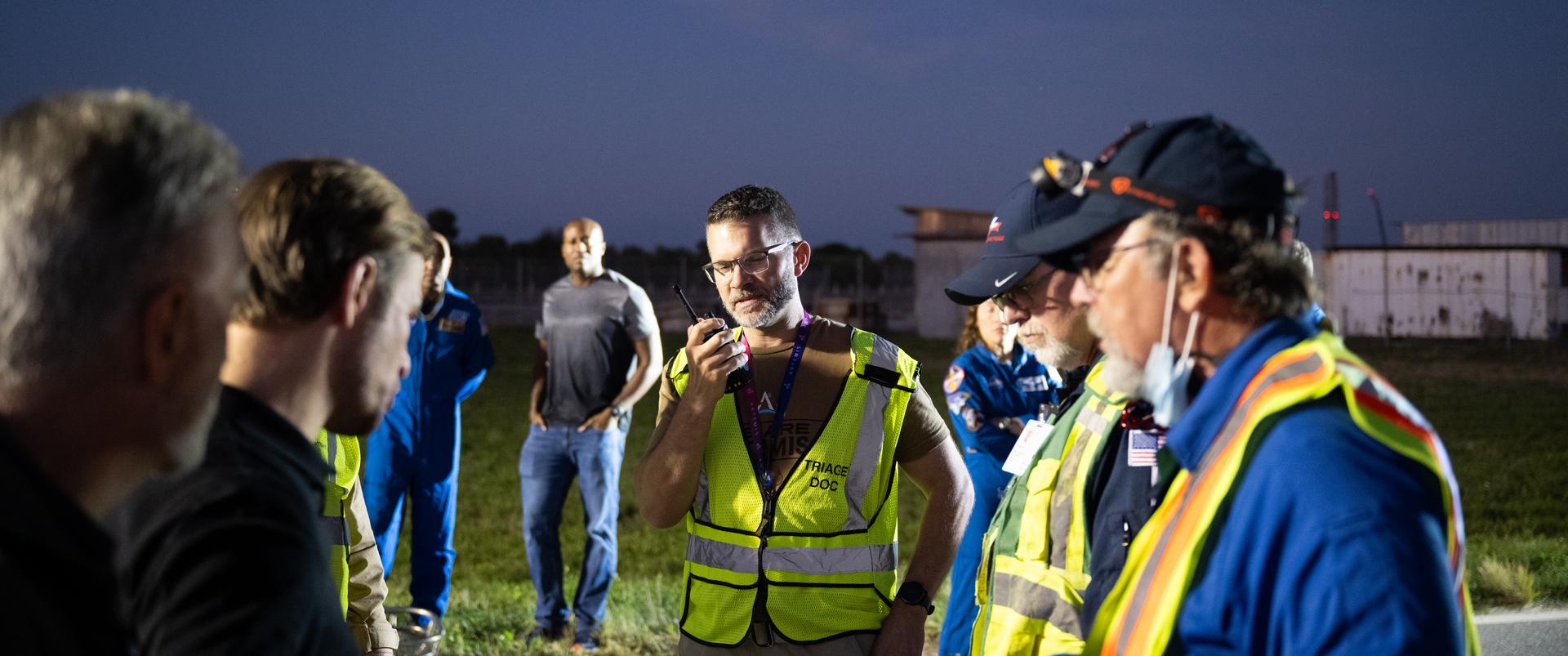 Teams at NASA's Kennedy Space Center in Florida practiced various emergency rescue training scenarios with the Artemis II crew, Friday, Dec. 19, 2025, ahead of the Artemis II mission. In the unlikely event of an emergency during launch countdown at Launch Complex 39B, personnel will be transported in mine-resistant ambush protected vehicles, or MRAPS, from the pad and to one of the triage site locations at Kennedy. Photo Credit: (NASA/Joel Kowsky)