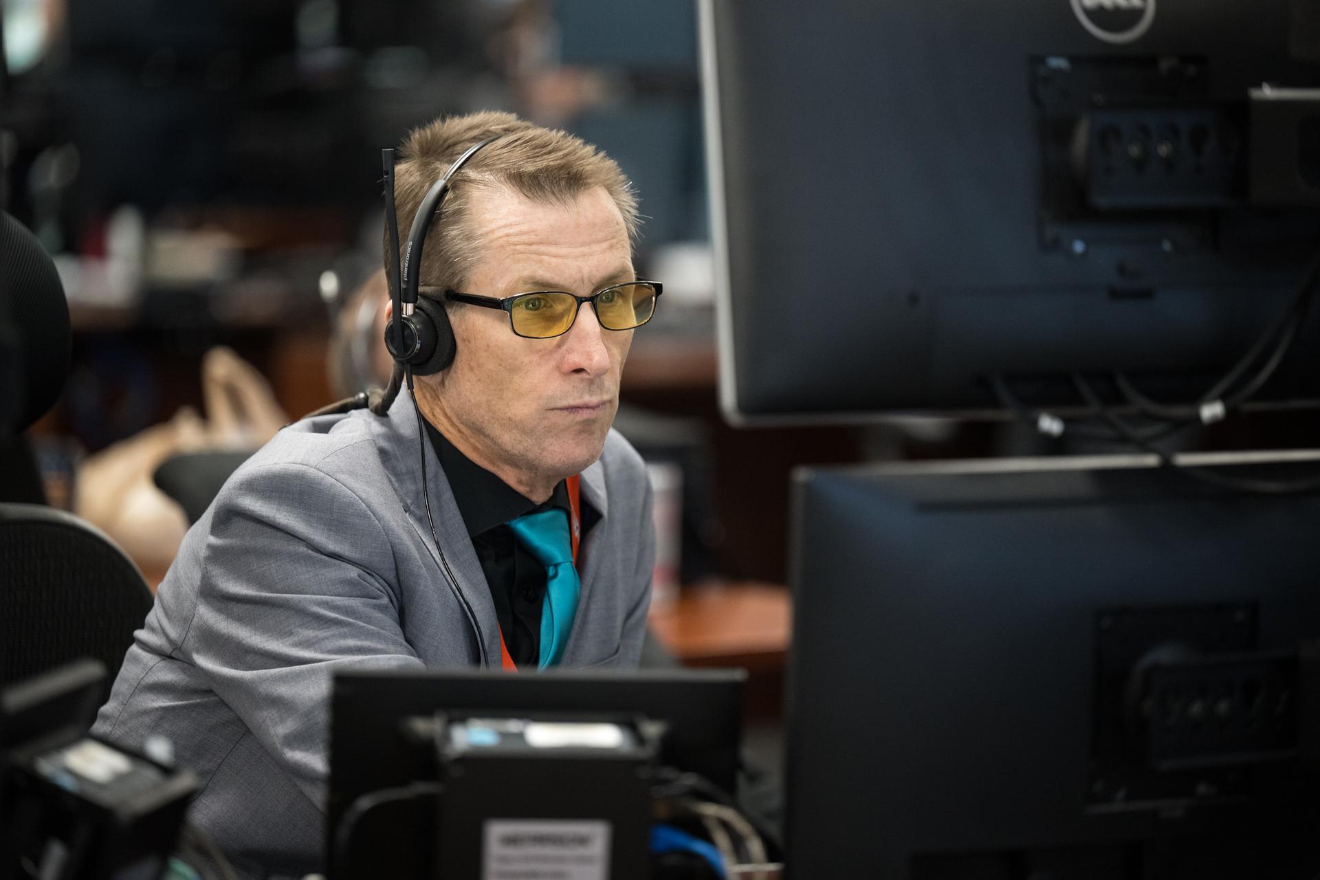 Teams monitor the progress of a Countdown Demonstration Test with Artemis II crewmembers NASA astronauts Reid Wiseman, commander; Victor Glover, pilot; Christina Koch, mission specialist; and CSA (Canadian Space Agency) astronaut Jeremy Hansen, mission specialist onboard their Orion spacecraft from Firing Room 2 of the Rocco A. Petrone Launch Control Center, Saturday, Dec. 20, 2025, at NASA’s Kennedy Space Center in Florida. For this operation, the Artemis II crew and launch teams are simulating the launch day timeline including suit-up, walkout, and spacecraft ingress and egress.  Through the Artemis campaign, NASA will send astronauts to explore the Moon for scientific discovery, economic benefits, and to build the foundation for the first crewed missions to Mars, for the benefit of all. Photo Credit: (NASA/Aubrey Gemignani)
