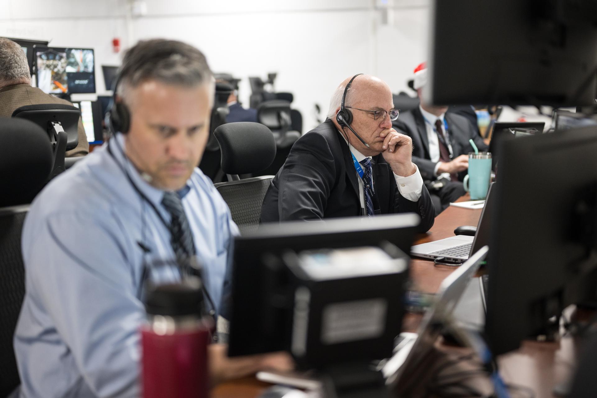 Teams monitor the progress of a Countdown Demonstration Test with Artemis II crewmembers NASA astronauts Reid Wiseman, commander; Victor Glover, pilot; Christina Koch, mission specialist; and CSA (Canadian Space Agency) astronaut Jeremy Hansen, mission specialist onboard their Orion spacecraft from Firing Room 2 of the Rocco A. Petrone Launch Control Center, Saturday, Dec. 20, 2025, at NASA’s Kennedy Space Center in Florida. For this operation, the Artemis II crew and launch teams are simulating the launch day timeline including suit-up, walkout, and spacecraft ingress and egress.  Through the Artemis campaign, NASA will send astronauts to explore the Moon for scientific discovery, economic benefits, and to build the foundation for the first crewed missions to Mars, for the benefit of all. Photo Credit: (NASA/Aubrey Gemignani)