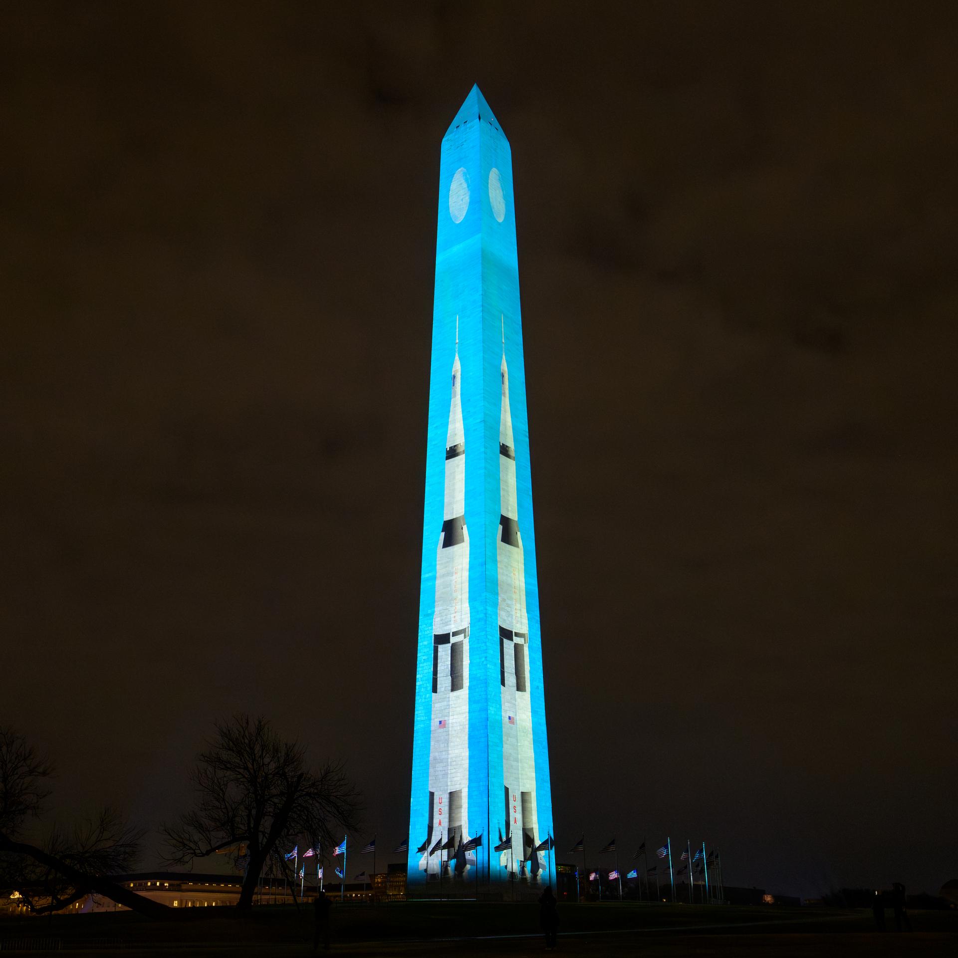 Images depicting NASA’s Saturn V Rocket are projected onto the Washington Monument as part of an event to kick off the nation's 250th birthday year, Wednesday, Dec. 31, 2025, in Washington. Photo Credit: (NASA/Bill Ingalls)
