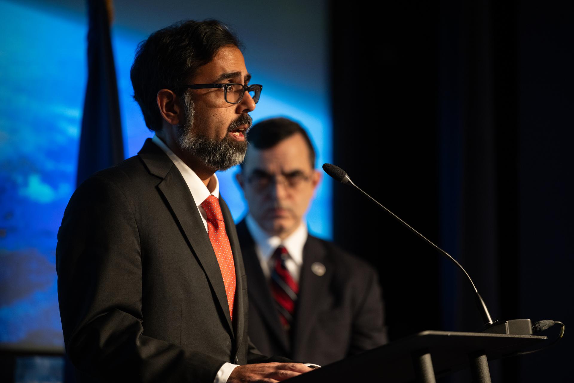 Amit Kshatriya, NASA associate administrator, provides an update on the International Space Station and its crew, Thursday, Jan. 8, 2026, at the Mary W. Jackson NASA Headquarters building in Washington. Photo Credit: (NASA/Joel Kowsky)