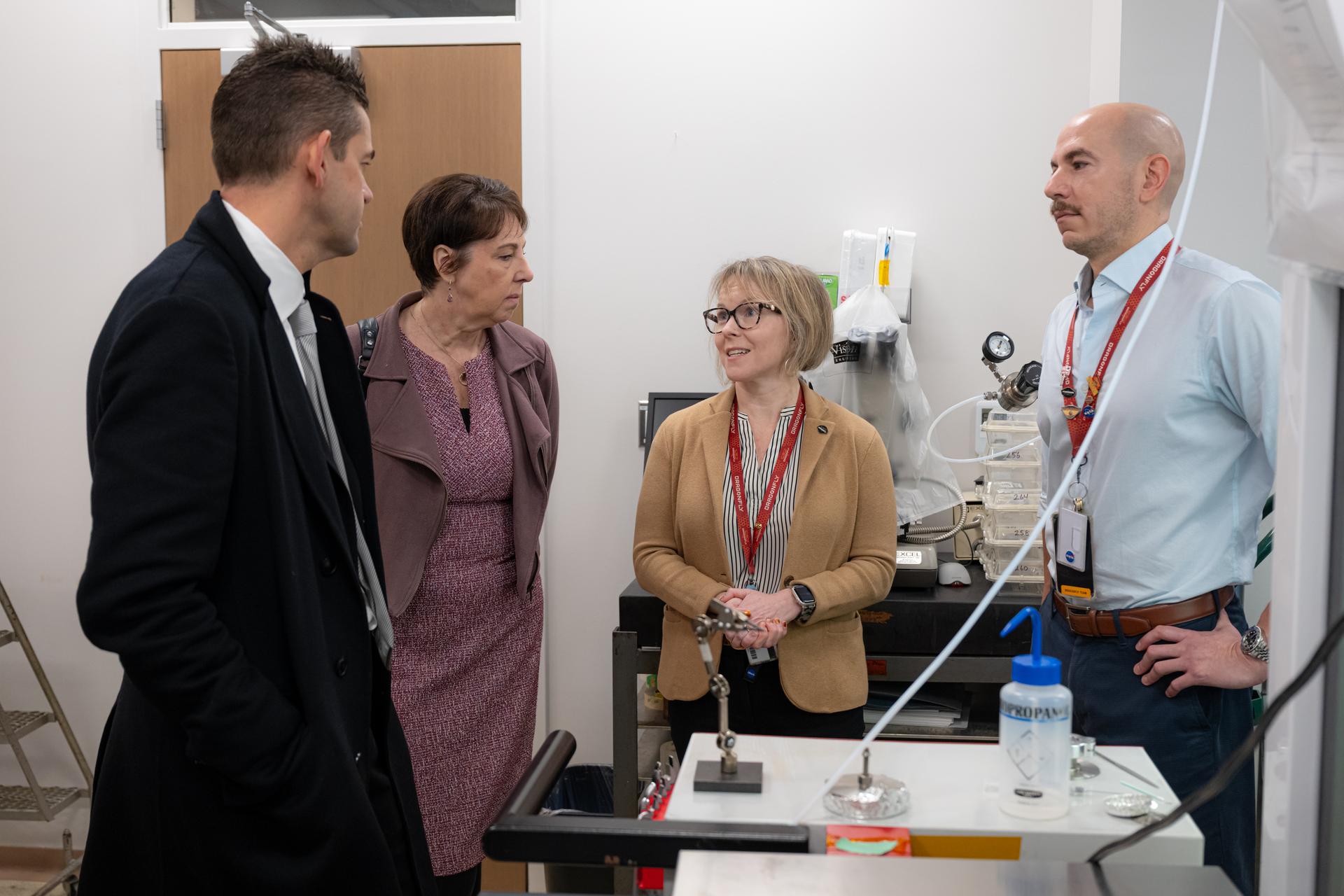 From left to right: NASA Administrator Jared Isaacman; Dr. Nicola Fox, associate administrator, NASA’s Science Mission Directorate; Melissa Grady Trainer, deputy principal investigator for the Dragonfly mission; Charles Malespin, chief of the Planetary Environments Lab, discuss the Dragonfly mission to Saturn’s moon Titan, Friday, Jan. 9, 2026, at NASA’s Goddard Space Flight Center in Greenbelt, Md. Goddard marks the first stop in Isaacman’s roadshow to visit NASA facilities and engage directly with the agency’s workforce. Photo Credit: (NASA/John Kraus)