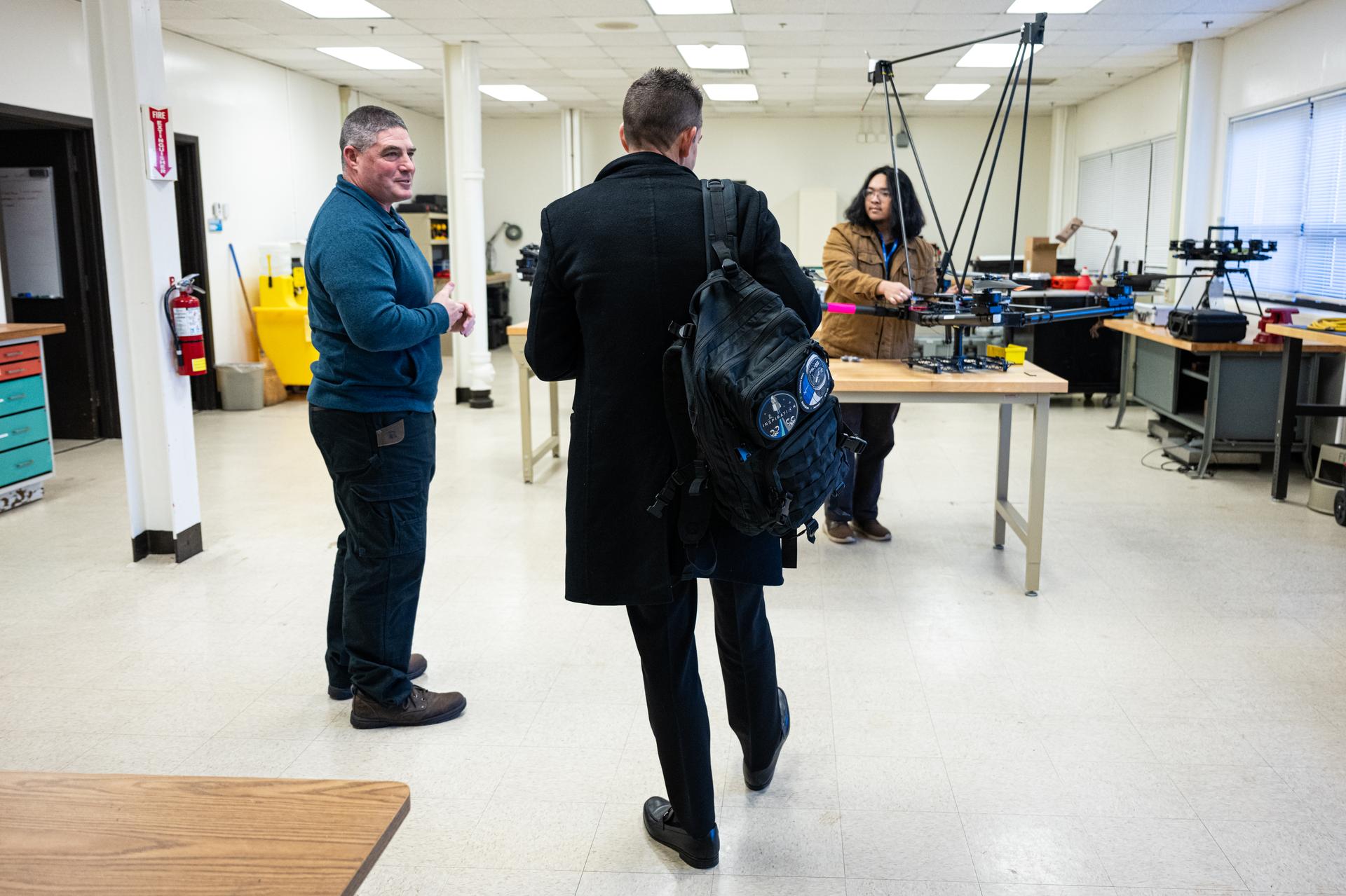 NASA Administrator Jared Isaacman, center, greets members of the Uninhabited Aircraft Systems Laboratory, Monday, Jan. 12, 2026, at NASA’s Langley Research Center in Hampton, Va. Langley marks the second stop in Isaacman’s roadshow to visit NASA facilities and engage directly with the agency’s workforce. Photo Credit: (NASA/John Kraus)