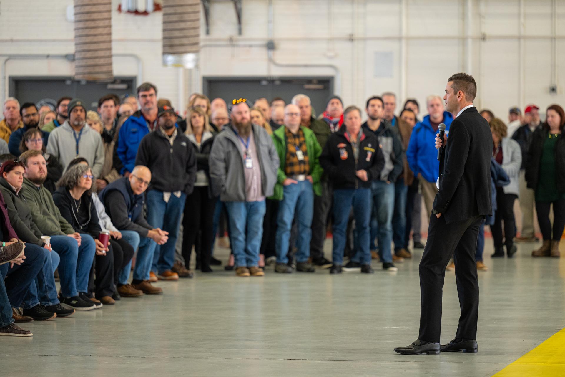 NASA Administrator Jared Isaacman, right, speaks during a workforce Q&A session, Monday, Jan. 12, 2026, at NASA’s Wallops Flight Facility in Virginia. Wallops marks the third stop in Isaacman’s roadshow to visit NASA facilities and engage directly with the agency’s workforce. Photo Credit: (NASA/John Kraus)