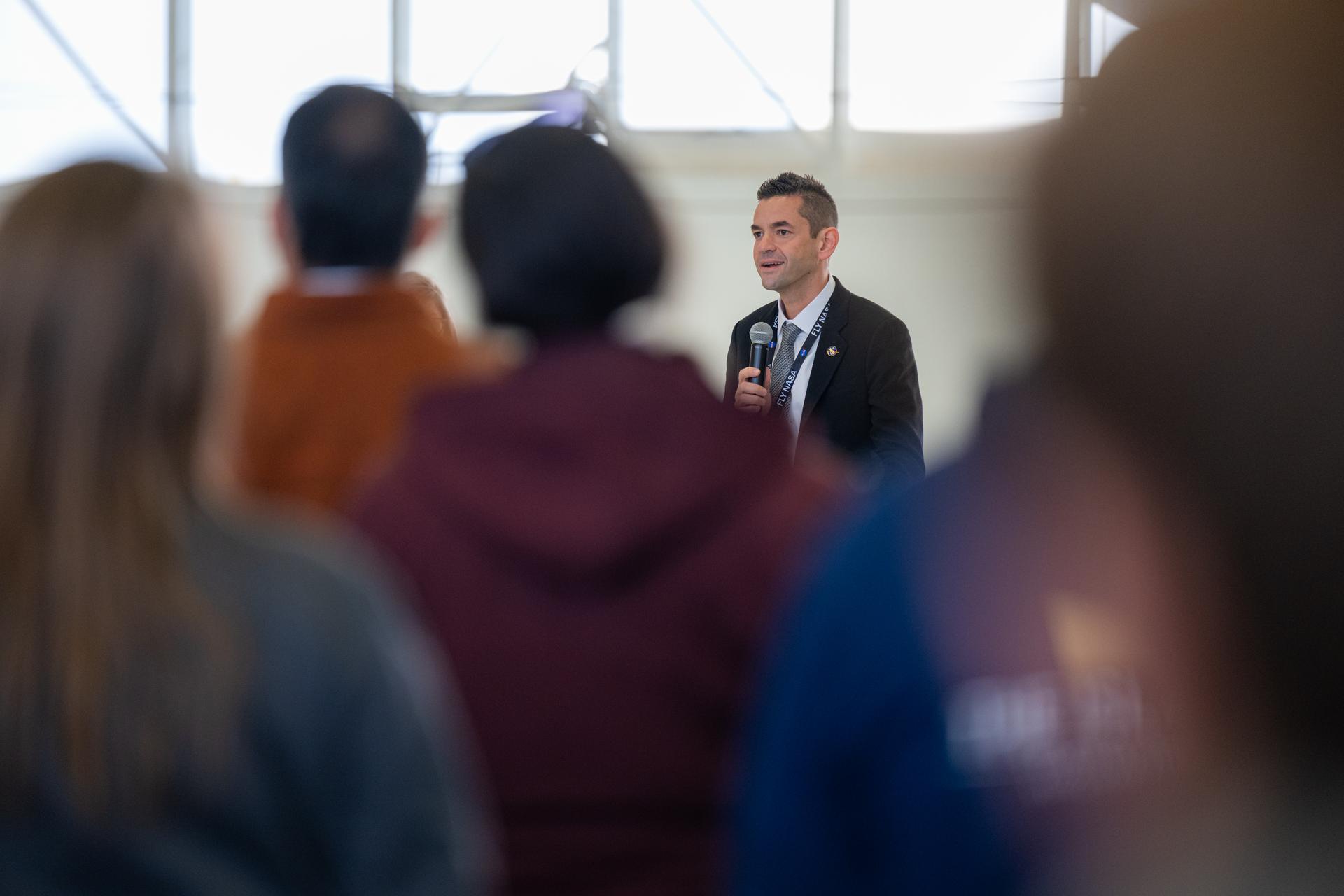 NASA Administrator Jared Isaacman speaks during a workforce Q&A session, Monday, Jan. 12, 2026, at NASA’s Wallops Flight Facility in Virginia. Wallops marks the third stop in Isaacman’s roadshow to visit NASA facilities and engage directly with the agency’s workforce. Photo Credit: (NASA/John Kraus)
