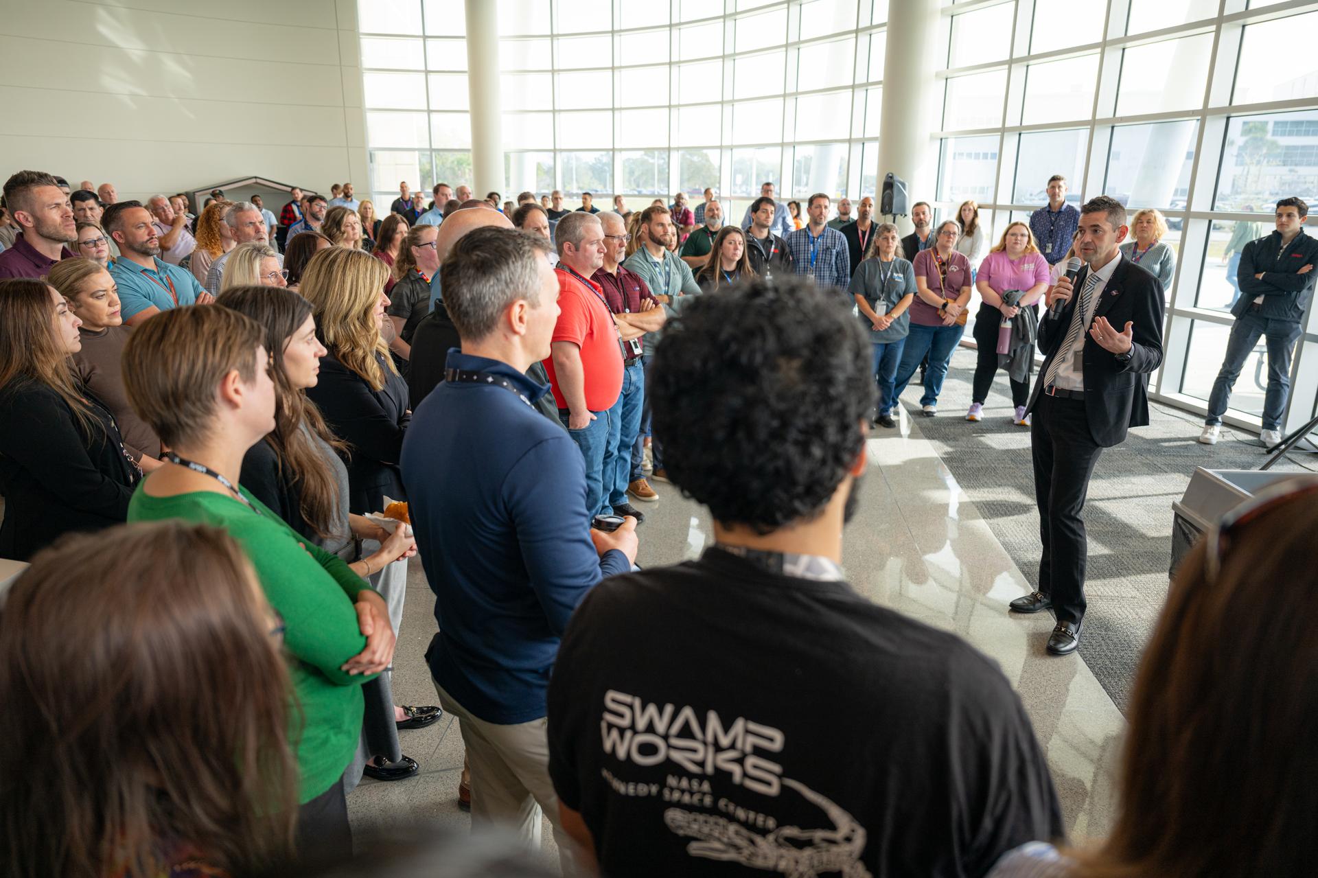 NASA Administrator Jared Isaacman, right, speaks during a workforce Q&A session, Tuesday, Jan. 13, 2026, at NASA’s Kennedy Space Center in Florida. Kennedy marks the fourth stop in Isaacman’s roadshow to visit NASA facilities and engage directly with the agency’s workforce. Photo Credit: (NASA/John Kraus)