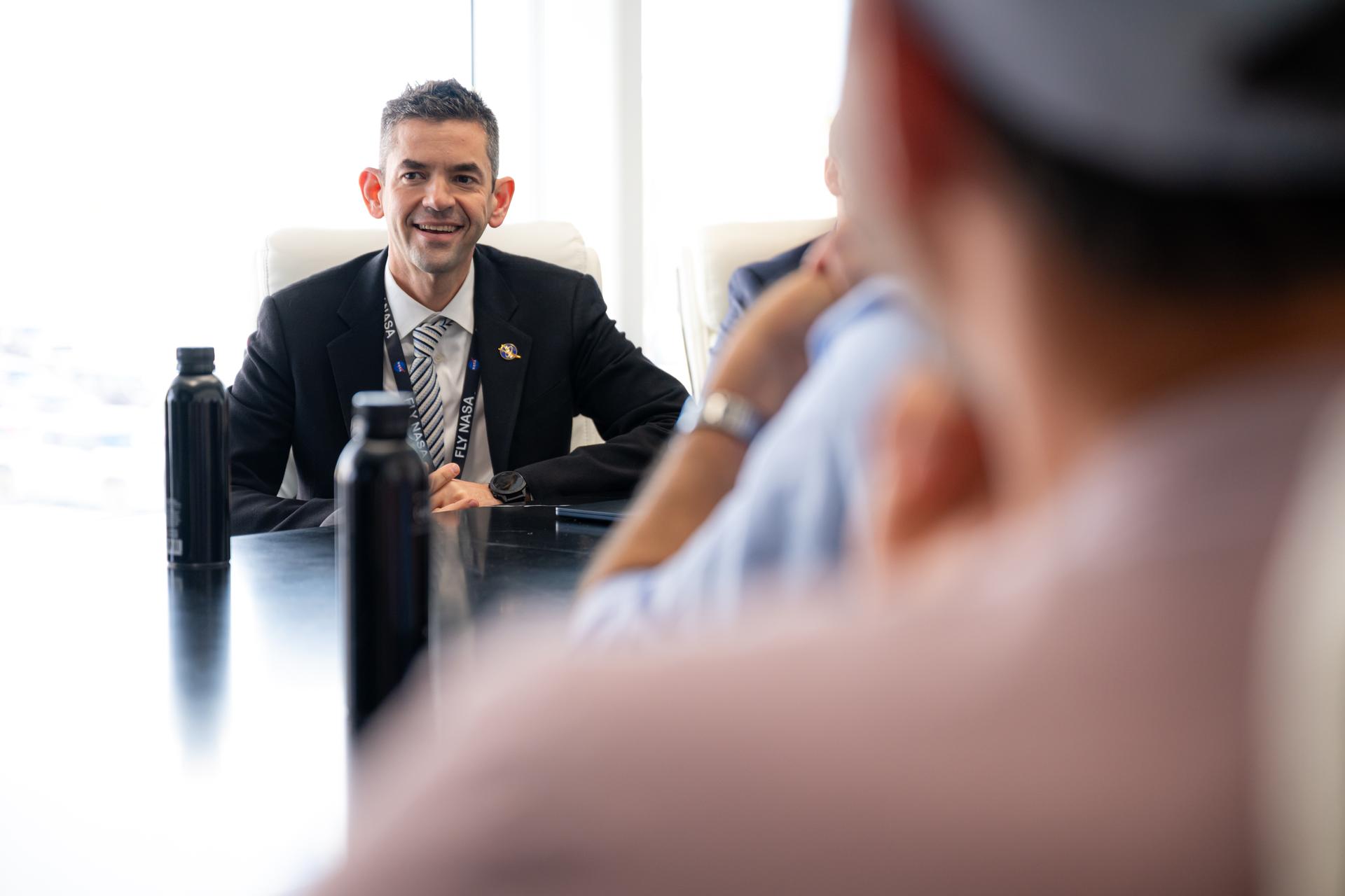 NASA Administrator Jared Isaacman meets with SpaceX leadership, Tuesday, Jan. 13, 2026, at the company’s HangarX facility at NASA’s Kennedy Space Center in Florida. Photo Credit: (NASA/John Kraus)
