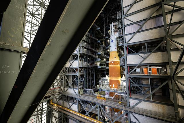NASA’s Artemis II SLS (Space Launch System) rocket and Orion spacecraft, secu...