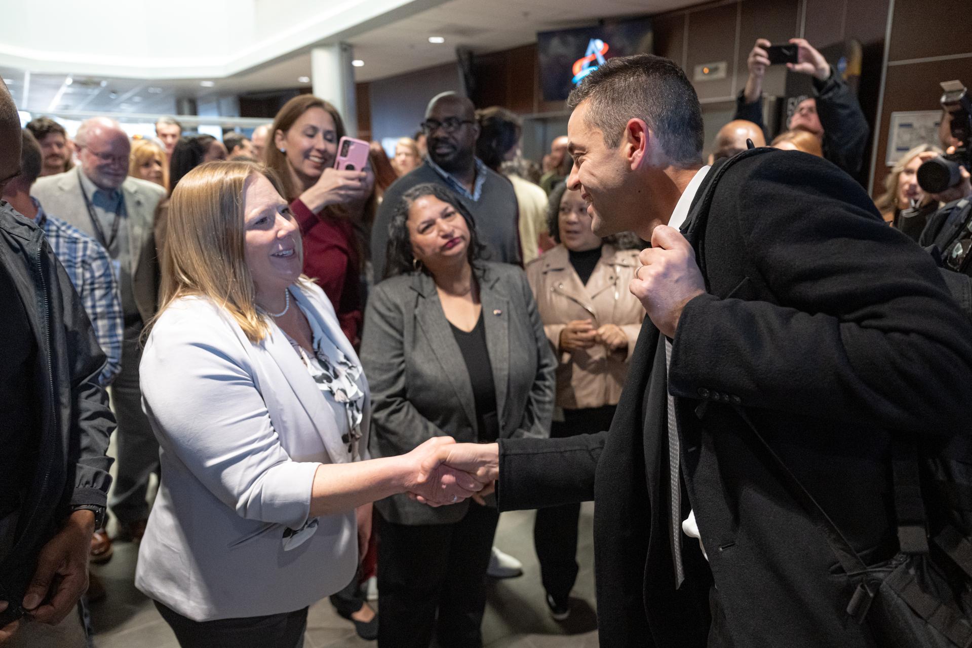 NASA Administrator Jared Isaacman, right, greets members of the workforce, Thursday, Jan. 15, 2026, at NASA’s Stennis Space Center in Mississippi. Stennis marks the sixth stop in Isaacman’s roadshow to visit NASA facilities and engage directly with the agency’s workforce. Photo Credit: (NASA/John Kraus)