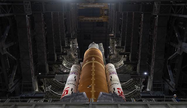 NASA’s Artemis II SLS (Space Launch System) rocket and Orion spacecraft, secu...