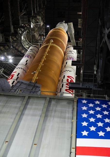 NASA’s Artemis II SLS (Space Launch System) rocket and Orion spacecraft, secu...