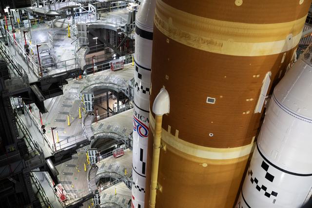 NASA’s Artemis II SLS (Space Launch System) rocket and Orion spacecraft, secu...