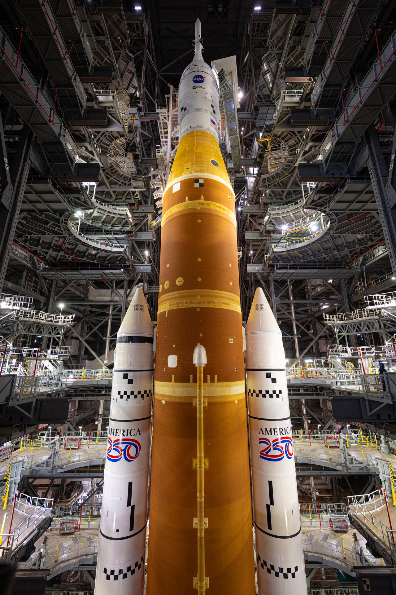 NASA’s Artemis II SLS (Space Launch System) rocket and Orion spacecraft are seen, Friday, Jan. 16, 2026, inside the Vehicle Assembly Building at NASA’s Kennedy Space Center in Florida. Photo Credit: (NASA/John Kraus)