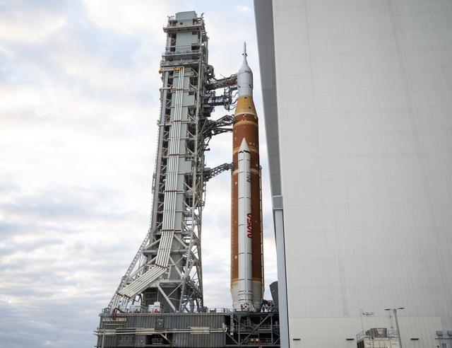 NASA’s Space Launch System (SLS) rocket and Orion spacecraft, secured to the ...