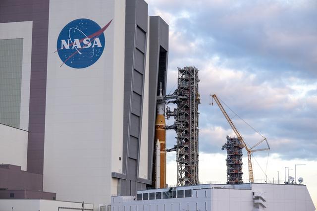 NASA’s Space Launch System (SLS) rocket and Orion spacecraft, secured to the ...