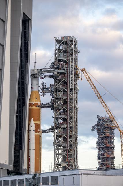 NASA’s Space Launch System (SLS) rocket and Orion spacecraft, secured to the ...