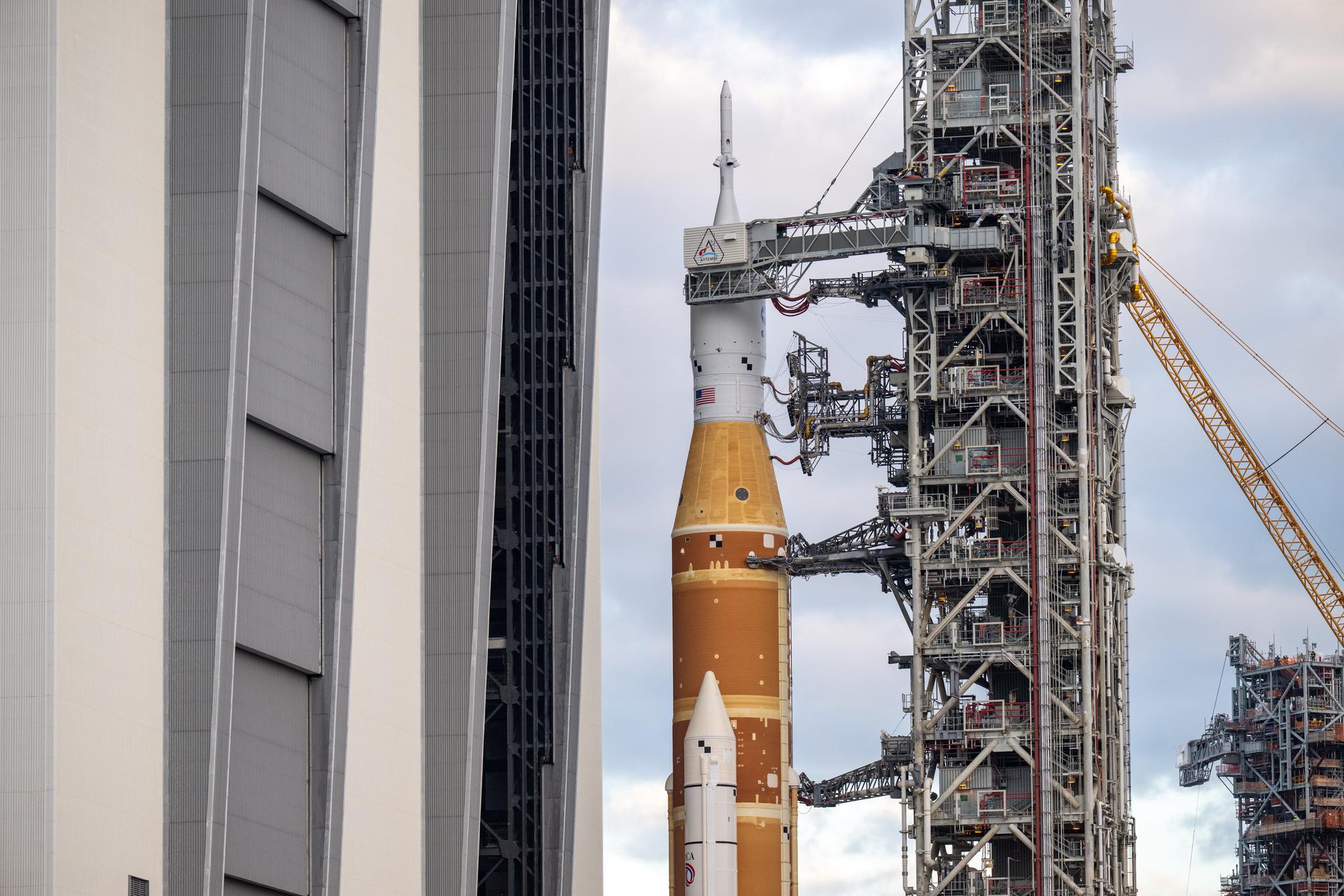 NASA’s Space Launch System (SLS) rocket and Orion spacecraft, secured to the ...