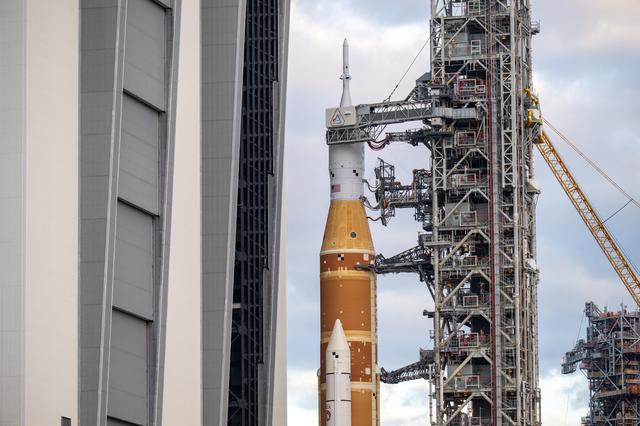 NASA’s Space Launch System (SLS) rocket and Orion spacecraft, secured to the ...