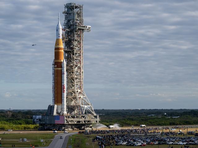 NASA’s Artemis II Space Launch System (SLS) rocket and Orion spacecraft, secu...