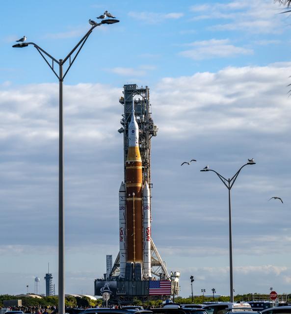 NASA’s Artemis II Space Launch System (SLS) rocket and Orion spacecraft, secu...