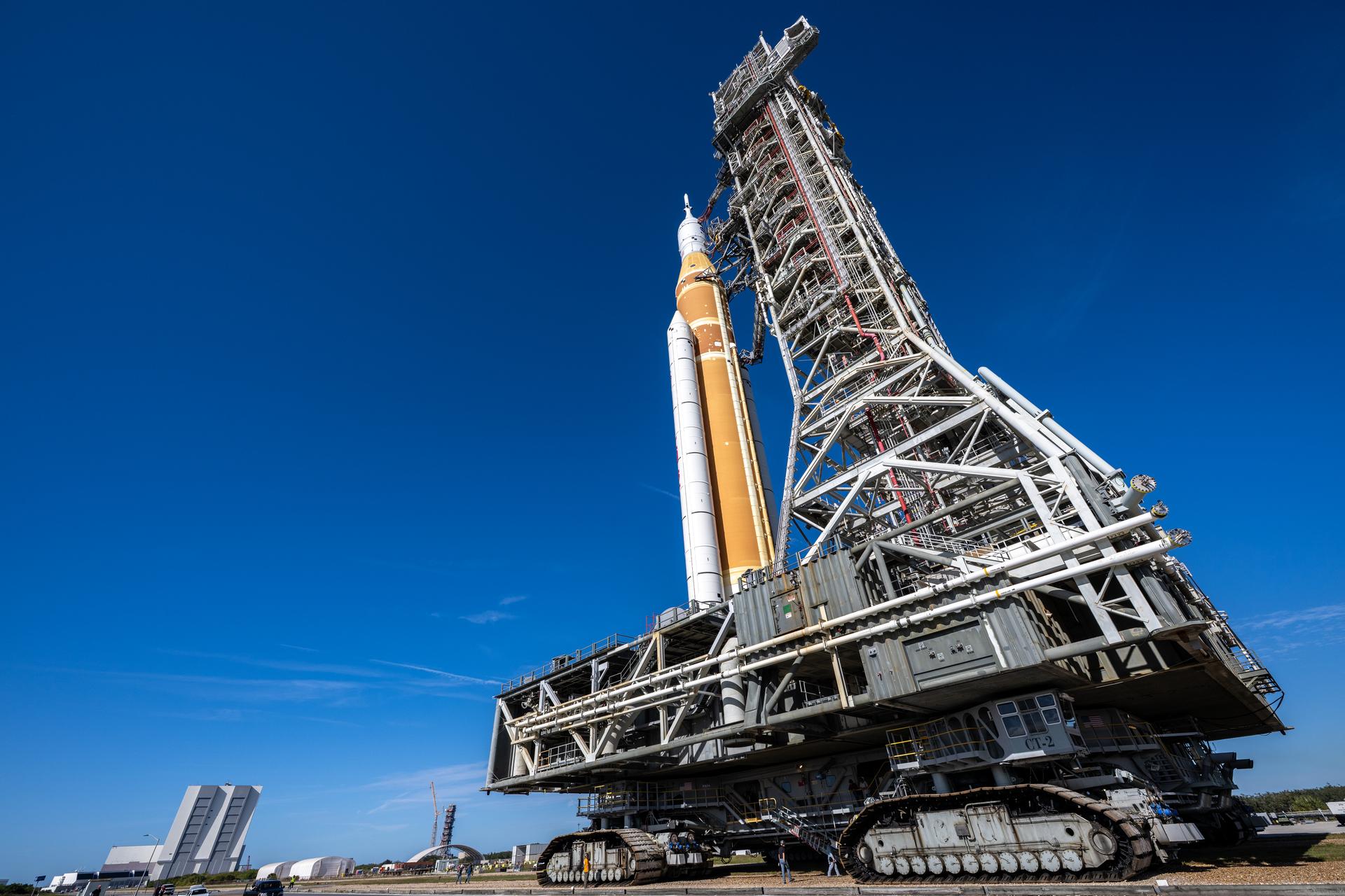 NASA’s Artemis II Space Launch System (SLS) rocket and Orion spacecraft, secu...