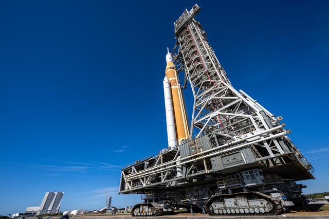 NASA’s Artemis II Space Launch System (SLS) rocket and Orion spacecraft, secu...
