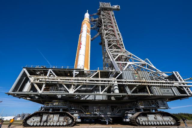 NASA’s Artemis II Space Launch System (SLS) rocket and Orion spacecraft, secu...