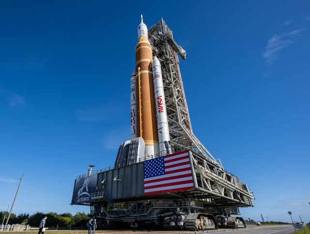 NASA’s Artemis II Space Launch System (SLS) rocket and Orion spacecraft, secu...