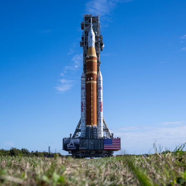 NASA’s Artemis II Space Launch System (SLS) rocket and Orion spacecraft, secu...