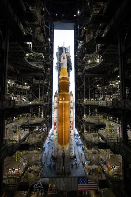 NASA’s Space Launch System (SLS) rocket and Orion spacecraft, secured to the ...