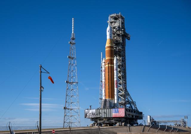 NASA’s Space Launch System (SLS) rocket and Orion spacecraft, secured to the ...