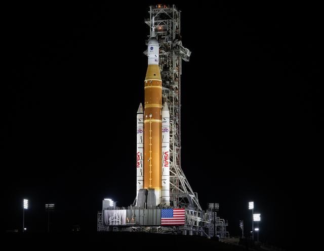 NASA’s Space Launch System (SLS) rocket and Orion spacecraft, secured to the ...