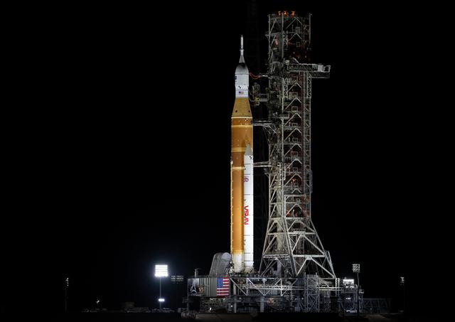 NASA’s Space Launch System (SLS) rocket and Orion spacecraft, secured to the ...