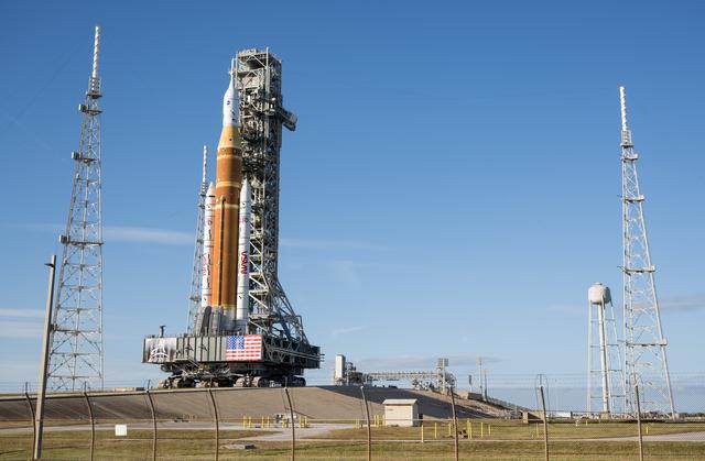 NASA’s Artemis II Space Launch System (SLS) rocket and Orion spacecraft, secu...