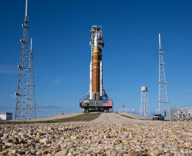 NASA’s Artemis II Space Launch System (SLS) rocket and Orion spacecraft, secu...