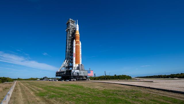 NASA’s Artemis II Space Launch System (SLS) rocket and Orion spacecraft, secu...