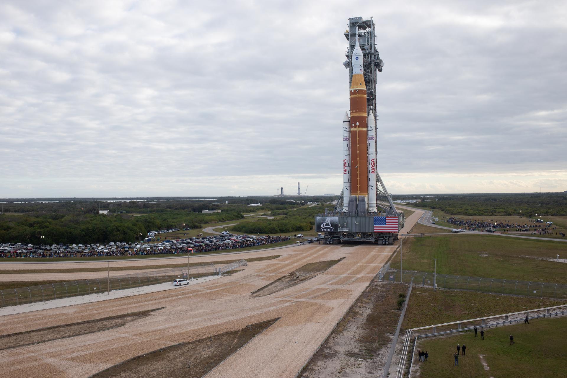 NASA’s Space Launch System (SLS) rocket and Orion spacecraft, secured to the ...