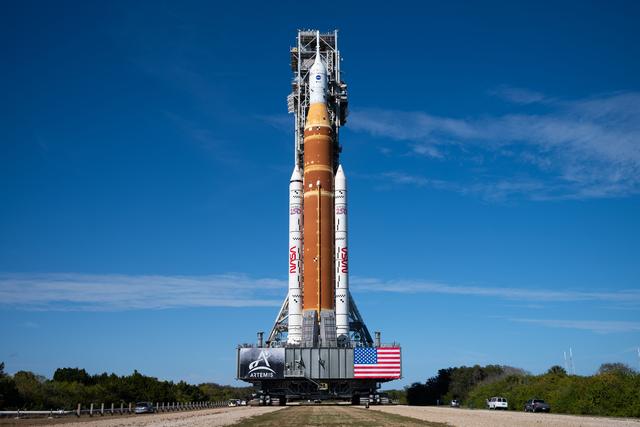 NASA’s Artemis II Space Launch System (SLS) rocket and Orion spacecraft, secu...