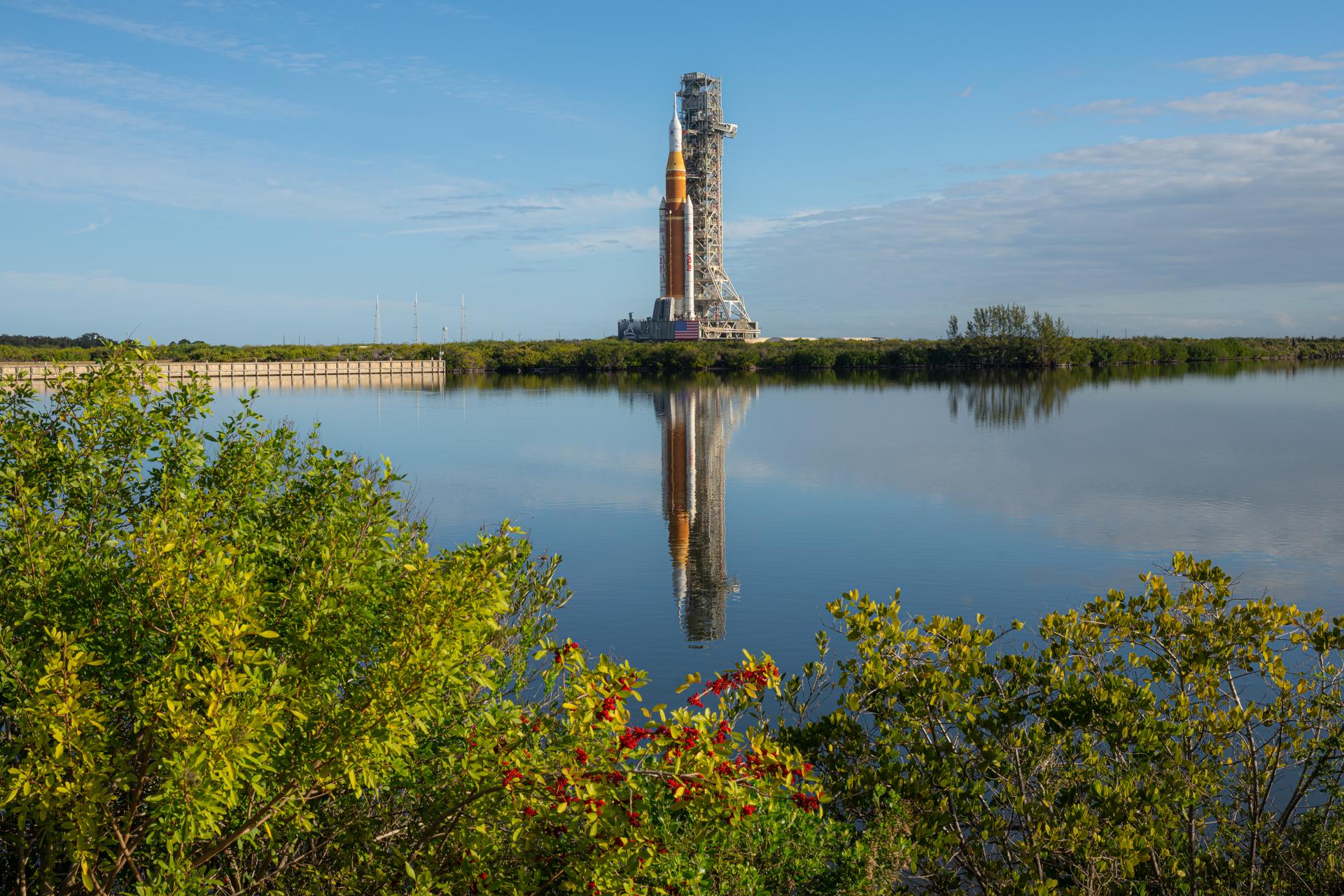 NASA’s Artemis II SLS (Space Launch System) rocket and Orion spacecraft roll out to Launch Complex 39B, Saturday, Jan. 17, 2026, at NASA’s Kennedy Space Center in Florida. Photo Credit: (NASA/John Kraus)
