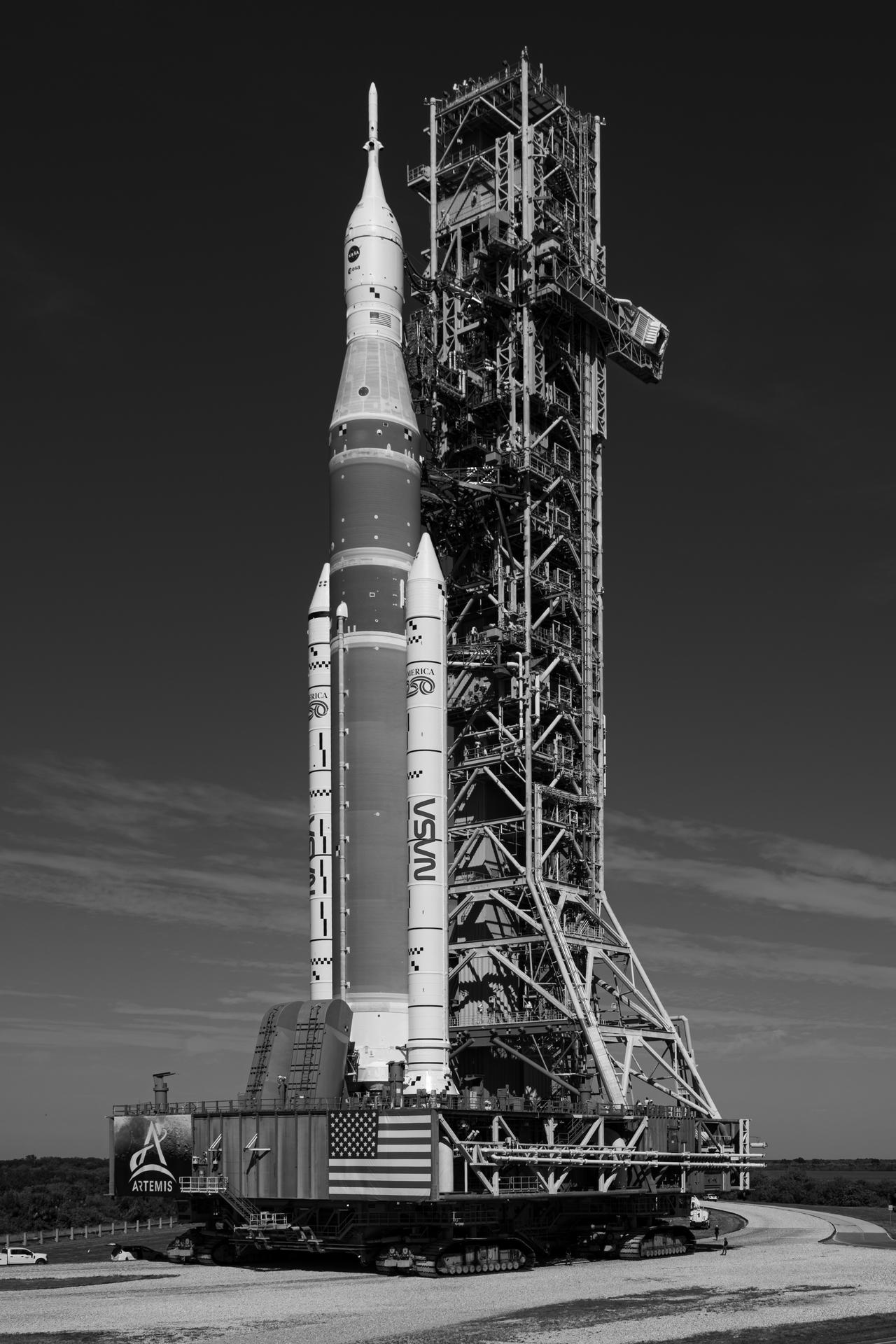 NASA’s Artemis II SLS (Space Launch System) rocket and Orion spacecraft roll out to Launch Complex 39B, Saturday, Jan. 17, 2026, at NASA’s Kennedy Space Center in Florida. Photo Credit: (NASA/John Kraus)