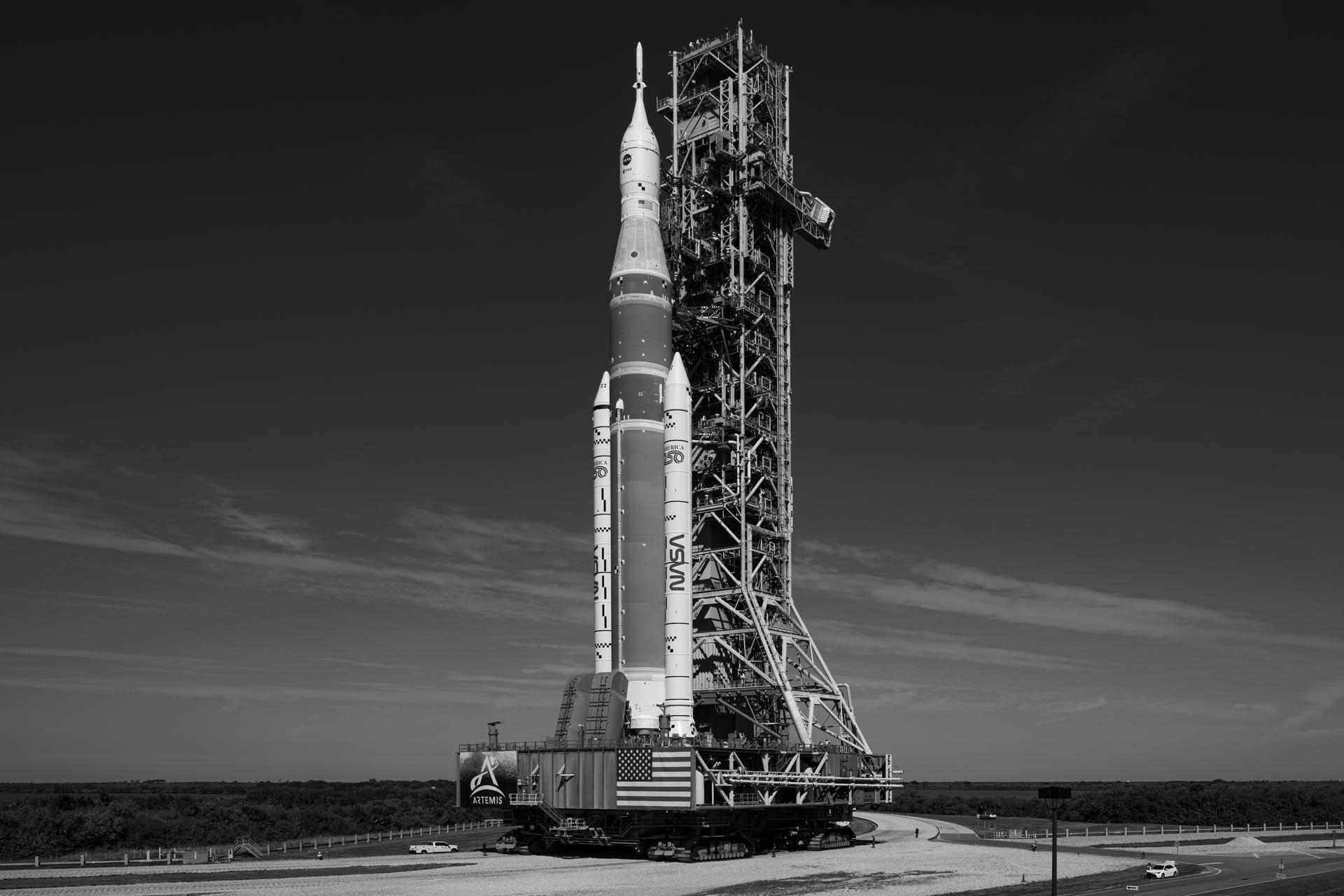 NASA’s Artemis II SLS (Space Launch System) rocket and Orion spacecraft roll out to Launch Complex 39B, Saturday, Jan. 17, 2026, at NASA’s Kennedy Space Center in Florida. Photo Credit: (NASA/John Kraus)