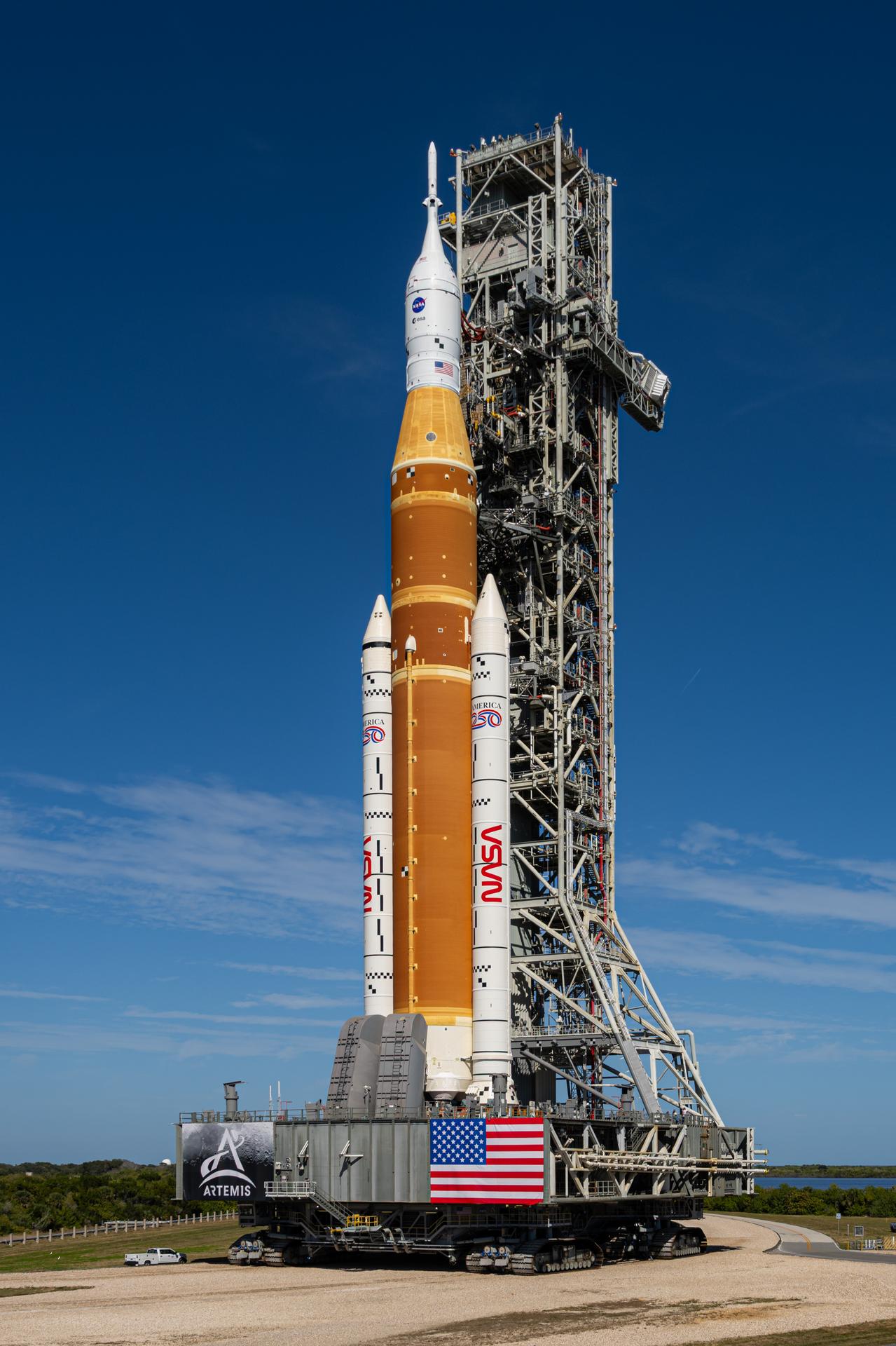 NASA’s Artemis II SLS (Space Launch System) rocket and Orion spacecraft roll out to Launch Complex 39B, Saturday, Jan. 17, 2026, at NASA’s Kennedy Space Center in Florida. Photo Credit: (NASA/John Kraus)