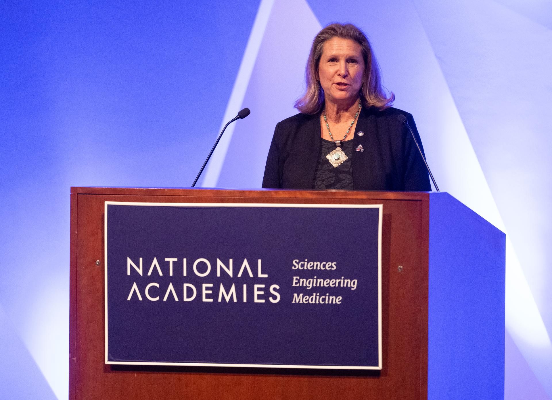 Lori Glaze, acting associate administrator for NASA's Exploration Systems Development Mission Directorate, gives opening remarks at the Moon to Mars Architecture Workshop, Wednesday, Jan. 21, 2026, at the National Academy of Sciences in Washington. NASA held the workshop to engage the broader space community and collect feedback from U.S. industry and academia and international partners to inform NASA's Moon to Mars Architecture, the agency's roadmap for human exploration of the Moon and Mars. Photo Credit: (NASA/Joel Kowsky)