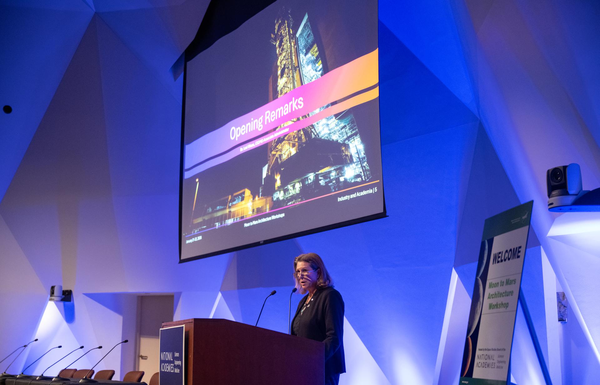 Lori Glaze, acting associate administrator for NASA's Exploration Systems Development Mission Directorate, gives opening remarks at the Moon to Mars Architecture Workshop, Wednesday, Jan. 21, 2026, at the National Academy of Sciences in Washington. NASA held the workshop to engage the broader space community and collect feedback from U.S. industry and academia and international partners to inform NASA's Moon to Mars Architecture, the agency's roadmap for human exploration of the Moon and Mars. Photo Credit: (NASA/Joel Kowsky)