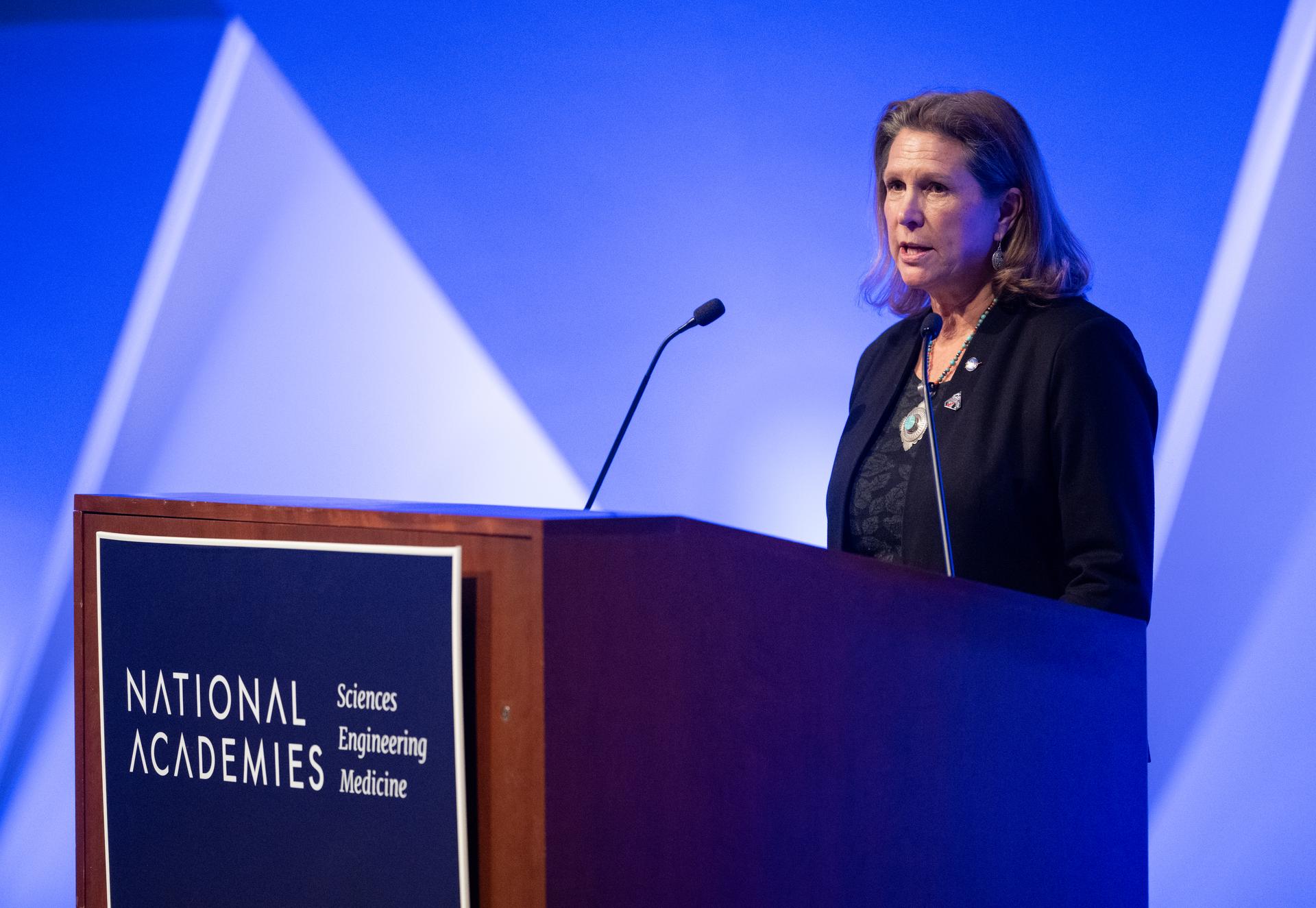 Lori Glaze, acting associate administrator for NASA's Exploration Systems Development Mission Directorate, gives opening remarks at the Moon to Mars Architecture Workshop, Wednesday, Jan. 21, 2026, at the National Academy of Sciences in Washington. NASA held the workshop to engage the broader space community and collect feedback from U.S. industry and academia and international partners to inform NASA's Moon to Mars Architecture, the agency's roadmap for human exploration of the Moon and Mars. Photo Credit: (NASA/Joel Kowsky)