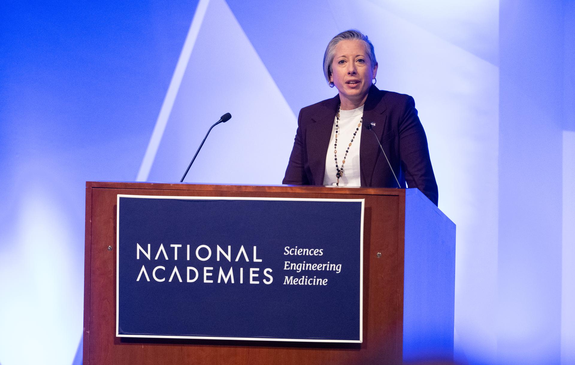 Nujoud Merancy, deputy associate administrator for the Strategy and Architecture Office in NASA’s Exploration Systems Development Mission Directorate speaks at the Moon to Mars Architecture Workshop, Wednesday, Jan. 21, 2026, at the National Academy of Sciences in Washington. NASA held the workshop to engage the broader space community and collect feedback from U.S. industry and academia and international partners to inform NASA's Moon to Mars Architecture, the agency's roadmap for human exploration of the Moon and Mars. Photo Credit: (NASA/Joel Kowsky)