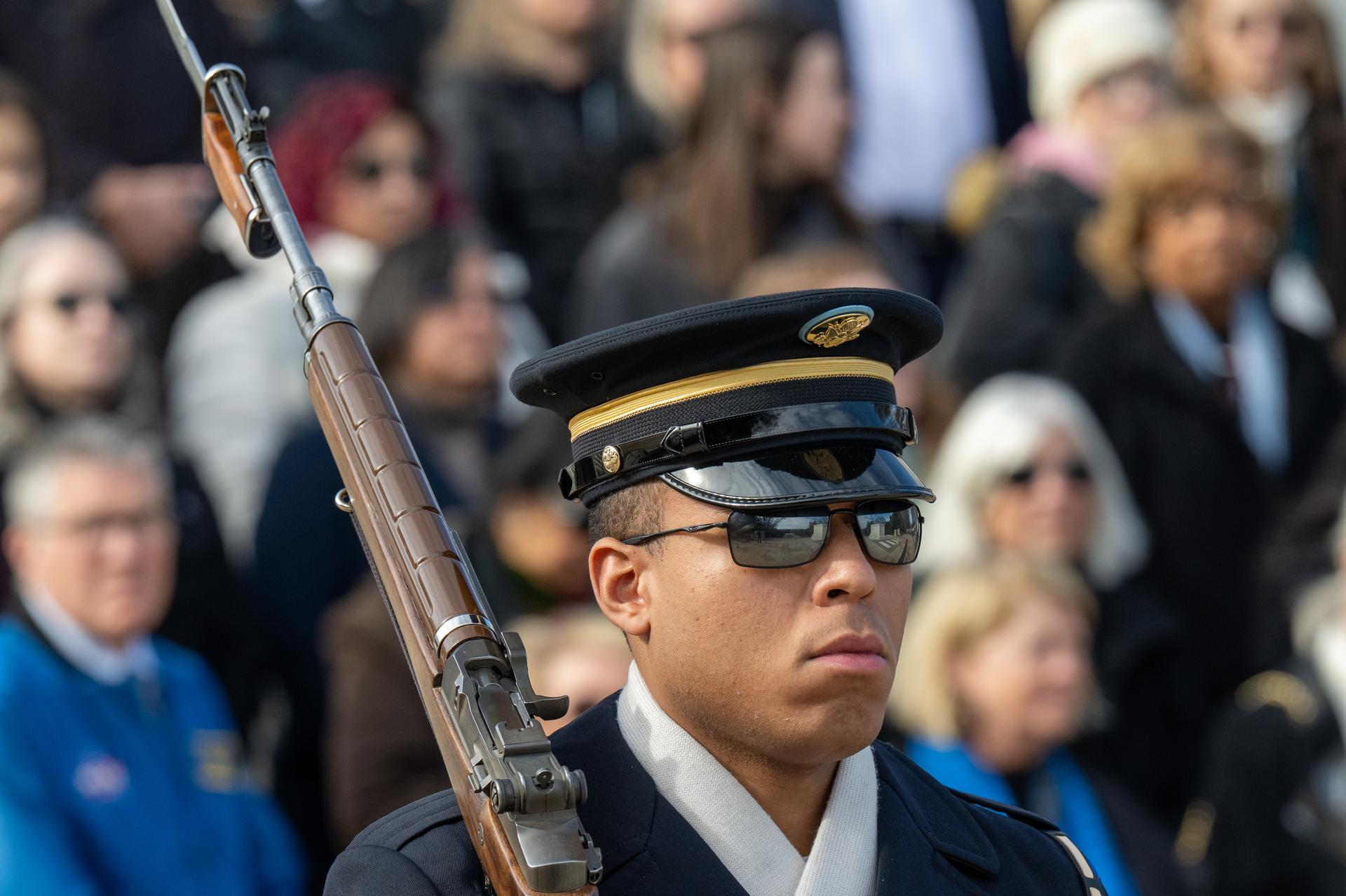 A member of The Old Guard, 3rd U.S. Infantry Regiment, is seen during a changing of the guard at the Tomb of the Unknowns ahead of a wreath laying ceremony during NASA's Day of Remembrance, Thursday, Jan. 22, 2026, at Arlington National Cemetery in Arlington, Va. Wreaths were laid in memory of those men and women who lost their lives in the quest for space exploration. Photo Credit: (NASA/Keegan Barber)